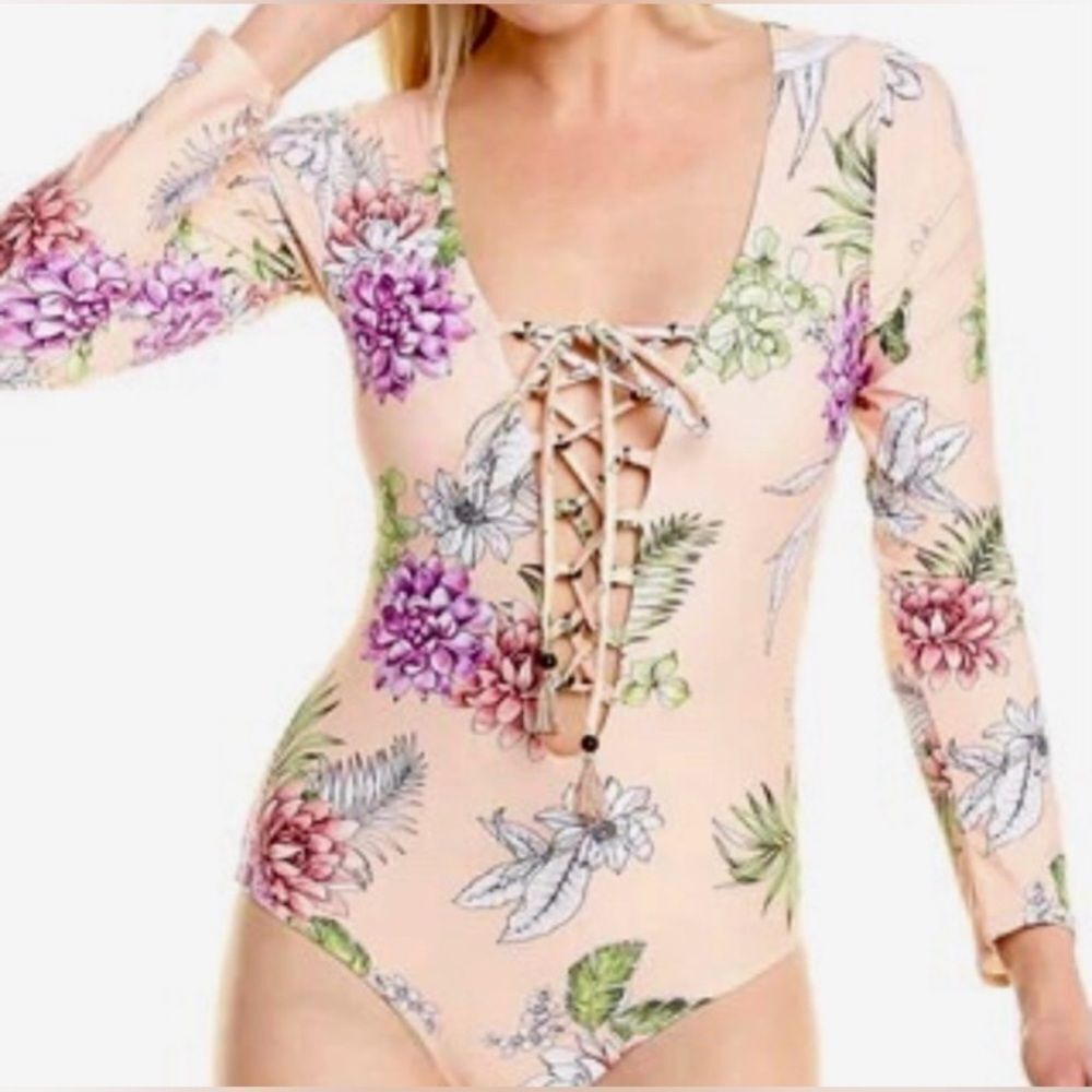 Letarte Luxe Floral Front Tie Long Sleeve One Piece Swim Suit Size small